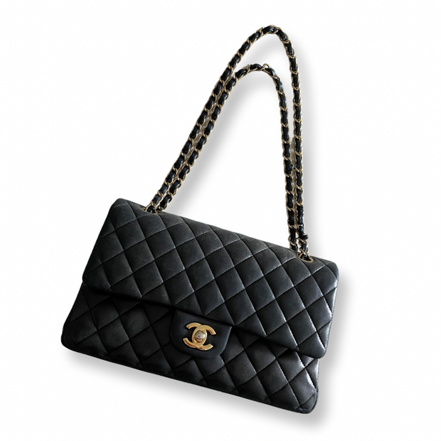 CHANEL Lambskin Quilted Medium Double Flap Black 1317394